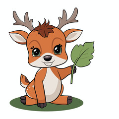 cute deer holding leaf cartoon vector icon illustration

