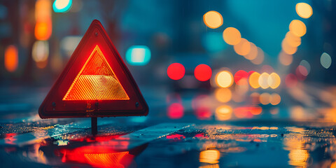 Arafed triangle sign on a wet surface in front of a city street  - obrazy, fototapety, plakaty