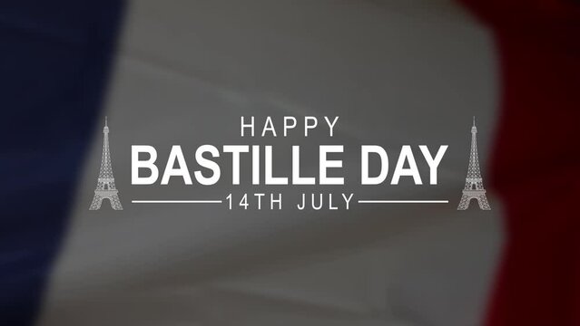 Happy Bastille Day Text Animation in the waving flag background with fireworks. Great for Bastille day france Celebrations, Ceremonies, Festivals, and greetings.Happy Bastille day 14th of july. 4K.