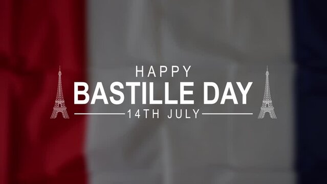 Happy Bastille Day Text Animation in the waving flag background with fireworks. Great for Bastille day france Celebrations, Ceremonies, Festivals, and greetings.Happy Bastille day 14th of july. 4K.