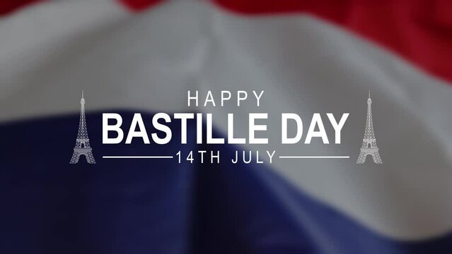Happy Bastille Day Text Animation in the waving flag background with fireworks. Great for Bastille day france Celebrations, Ceremonies, Festivals, and greetings.Happy Bastille day 14th of july. 4K.