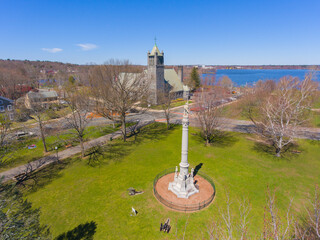 Soldier and Sailors Memorial Monument aerial view on Town Common in historic town center of Wakefield, Middlesex County, Massachusetts MA, USA. 