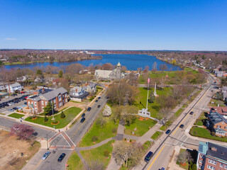Wakefield historic town center aerial view on town common with Lake Quannapowitt at the back in Wakefield, Massachusetts MA, USA. 