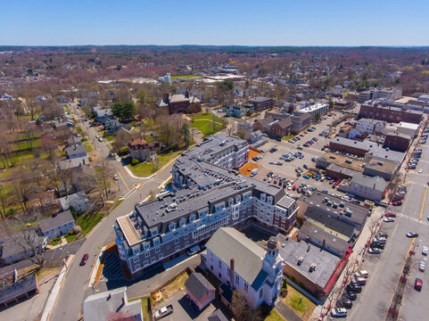 Wakefield historic town center aerial view on Main Street in Wakefield, Massachusetts MA, USA. 