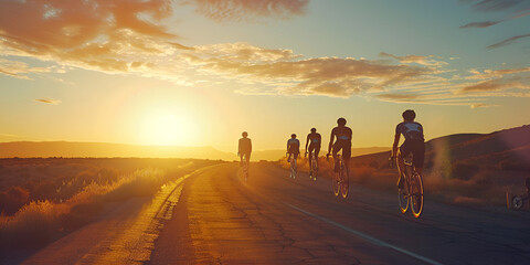 Cyclists practice cycling on open road to sunset - obrazy, fototapety, plakaty