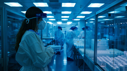 The woman looks on as workers in full PPE meticulously package sterile medical supplies under the sterile lights of the production floor. - obrazy, fototapety, plakaty