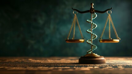 The balance of justice with a double helix representing DNA.