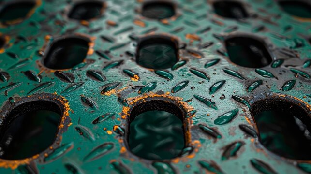   Close-up of a green metal grate, featuring holes in its midsection, and adorned with water droplets on the surface ..or
