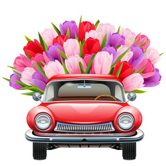 Vector Red Car with Tulips