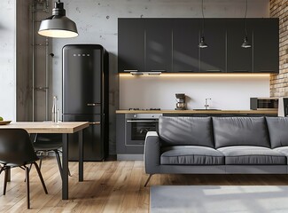 Modern kitchen interior with a dining table and gray sofa, a black refrigerator on the left side of the room - Powered by Adobe