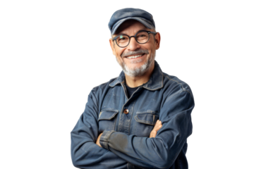 Portrait studio smiling mature maintenance plumber or Handyman wear uniform posing with smart look, repair and fix, isolated on transparent png background.