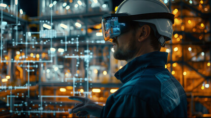 An engineer using augmented reality goggles to visualize and troubleshoot a complex process within the refinery, surrounded by digital overlays of data.