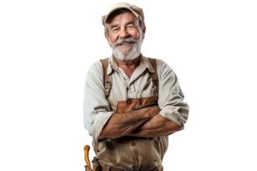 Portrait studio smiling mature maintenance plumber or Handyman wear uniform posing with smart look, repair and fix, isolated on transparent png background.