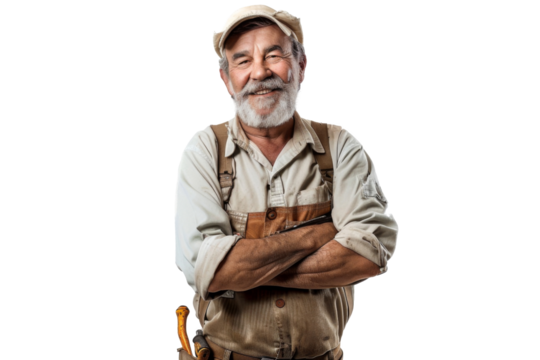 Portrait studio smiling mature maintenance plumber or Handyman wear uniform posing with smart look, repair and fix, isolated on transparent png background.