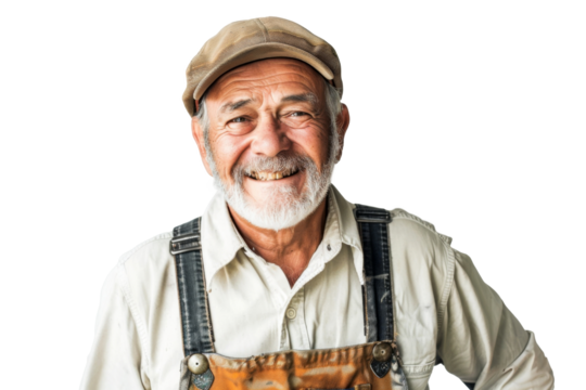 Portrait studio smiling mature maintenance plumber or Handyman wear uniform posing with smart look, repair and fix, isolated on transparent png background.
