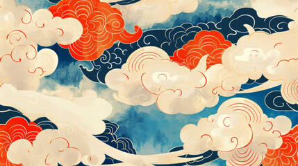 Chinese clouds and sky in retro style. Seamless pattern background. AI generative.