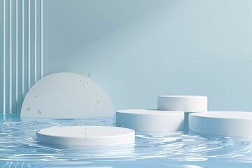 White Podiums For New Fresh-Feeling Product Presentation On A Water-Themed Scenario