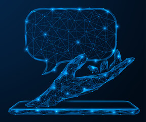 An outstretched hand from the smartphone screen holds a message. Polygonal design of interconnected elements. Blue background.
