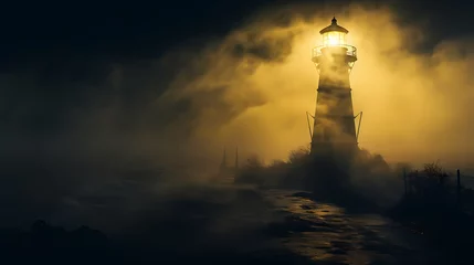 Foto op Plexiglas Lighthouse gleaming in the dark, foggy sea © ma