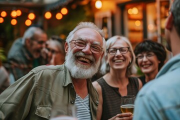 Cheerful senior man having fun with friends at a pub.