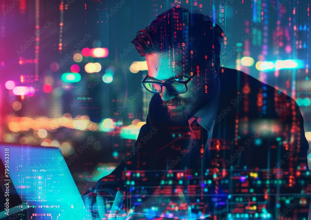 Canvas Prints   A man working on his laptop in a cityscape at night, surrounded by colorful lights