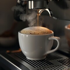   A cup is being poured into the coffee machine, emitting steam from its top