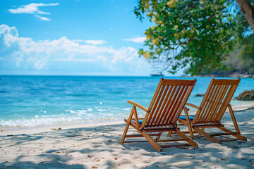 Two Wooden Chairs on Sandy Beach