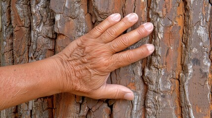   A tight shot of a hand resting atop a weathered piece of wood affixed to a tree bark