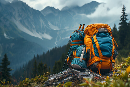 Backpacks Resting Atop Mountain Peak