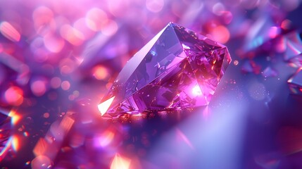  A tight shot of a rosy diamond against a backdrop of lavender and pink, with a halo of lights surrounding it - obrazy, fototapety, plakaty