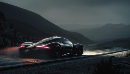   A black sports car navigates a winding road amidst a foggy night backdrop, mountains vaguely visible through the densely swirling mist