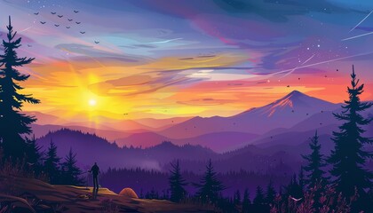   A man stands atop a hill, gazing at a breathtaking sunset over mountain ranges - obrazy, fototapety, plakaty