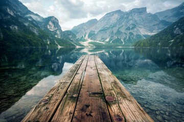   A wooden dock sits in the lake's center, surrounded by a tranquil body of water in the foreground Mountains rise majestically in the background
