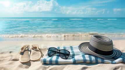 Banner for summer with copy space. A beach towel with a straw hat, flip flops and sunglasses on the sand with the sea in the background. Vacation and relax concept. - obrazy, fototapety, plakaty