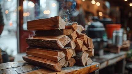   A stack of logs atop a wooden table, nearby is a potted plant also atop a separate wooden table - obrazy, fototapety, plakaty