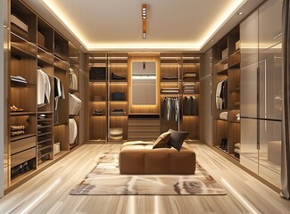 Modern large walkin closet with and accessories inside, home interior design of modern bedroom