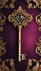 Opulent golden key against baroque patterns and blue gemstone