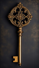 Fototapeta na wymiar Antique key with intricate ornament on black background