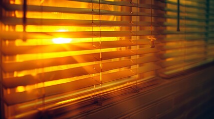   A tight shot of sunlight filtering through blinds, casting patterns on a nearby surface, with the blinds partially visible beside the window - obrazy, fototapety, plakaty