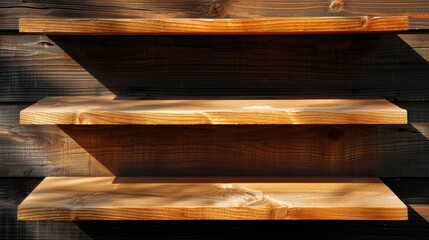   A wood shelf, tightly against a wall, displays its top edge shrouded in shadow, while the bottom section basks in light - obrazy, fototapety, plakaty