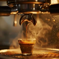 Foto op Plexiglas   A tight shot of pouring coffee into a mug, steam escaping from the surface above © Jevjenijs