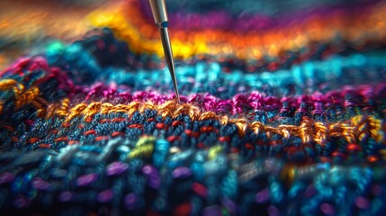   A tight shot of a crochet stitch featuring a crochet hook in its center - obrazy, fototapety, plakaty