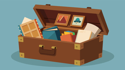 An oldfashioned wooden chest filled with neatly labeled photo albums home videos and handwritten journals serving as a tangible personal archive..