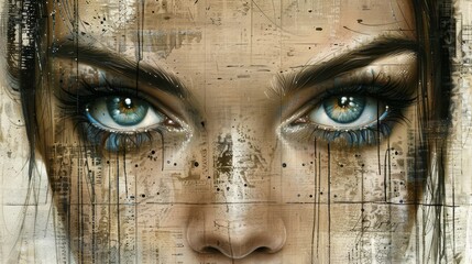   A woman with blue eyes is shown in a tight shot against a grungy textured wall
