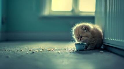   A small kitten consumes milk from a blue bowl on the floor near a radiator and a radiator heat strip - obrazy, fototapety, plakaty