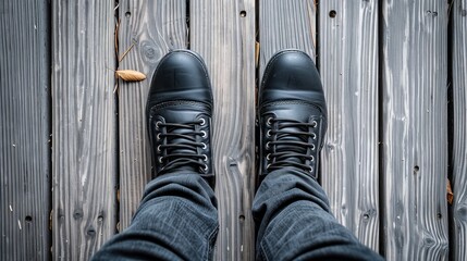   Person in black boots and jeans stands near a wooden plank holding an acorn