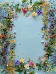 frame around the edges of wild flowers on a light blue background.
