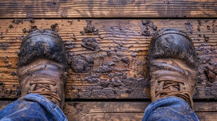   A tight shot of feet touching a weathered wooden floor, speckled with grime from the dirt beneath - obrazy, fototapety, plakaty