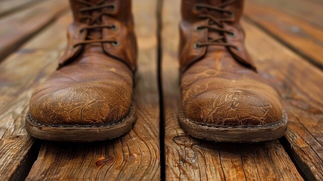   A pair of brown leather boots sits atop a wooden bench, accompanied by another identical pair