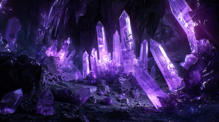 A dark background with glowing purple crystals. A magical cave filled with precious stones